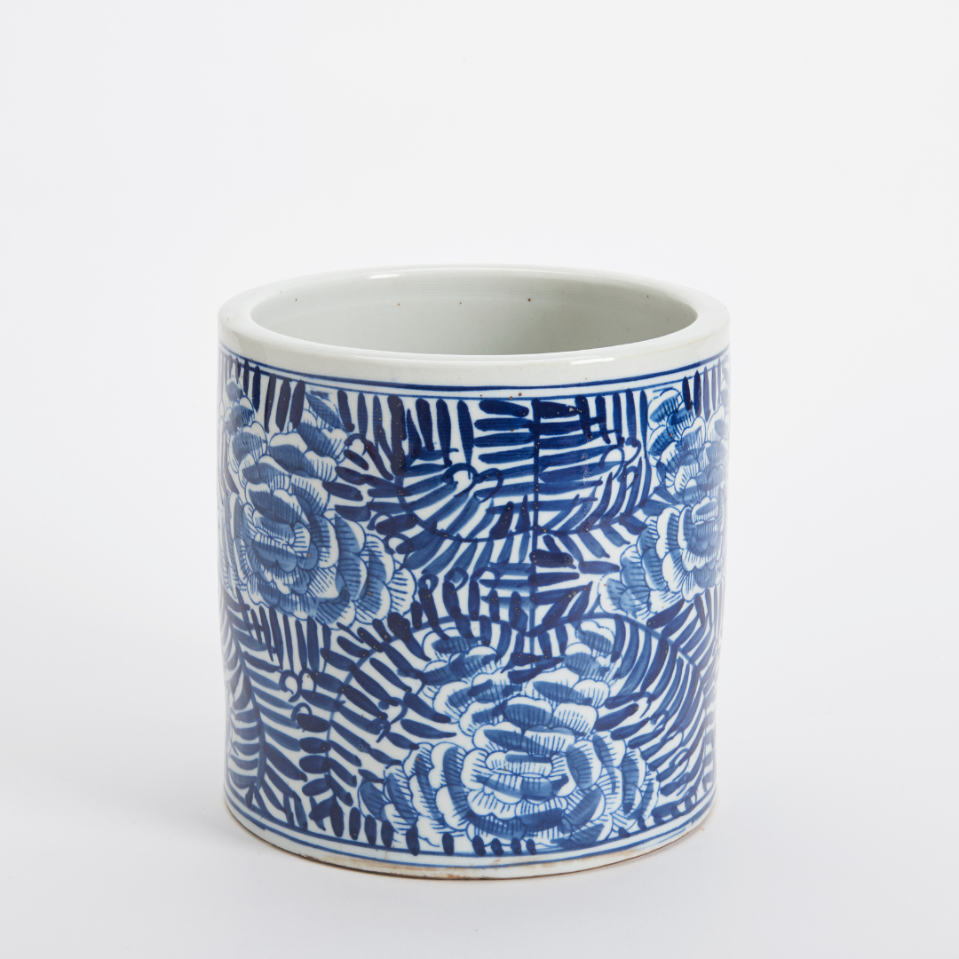 Blue and white Palm Frond Planter Cachepot