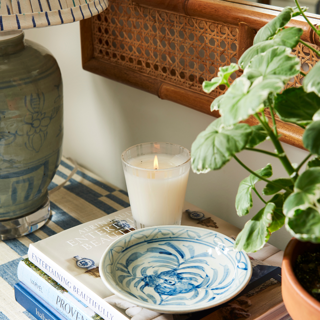 Blue and White Flower Trinket Dish Styled with Candle