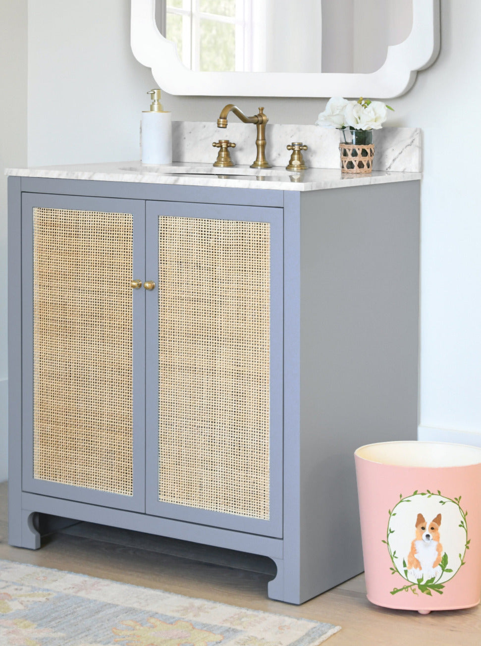 Ashton Light Blue Vanity Styled in bathroom