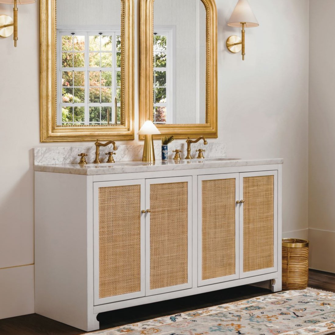 Ashton White Double Vanity shown in bathroom with gold mirrors