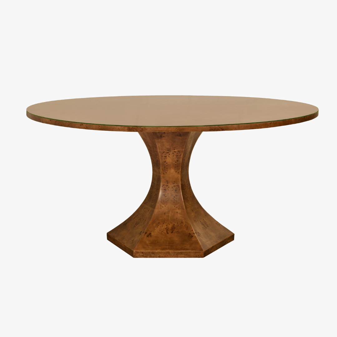 Bransford Dark Burl Round Dining Table - Hexagon Pedestal - Dear Keaton