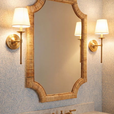 Brava Wrapped Rattan Mirror styled in bathroom
