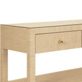 Brayden Natural Grasslcoth Console Table brass hardware closeup
