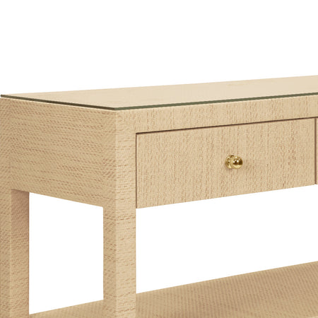 Brayden Natural Grasslcoth Console Table brass hardware closeup