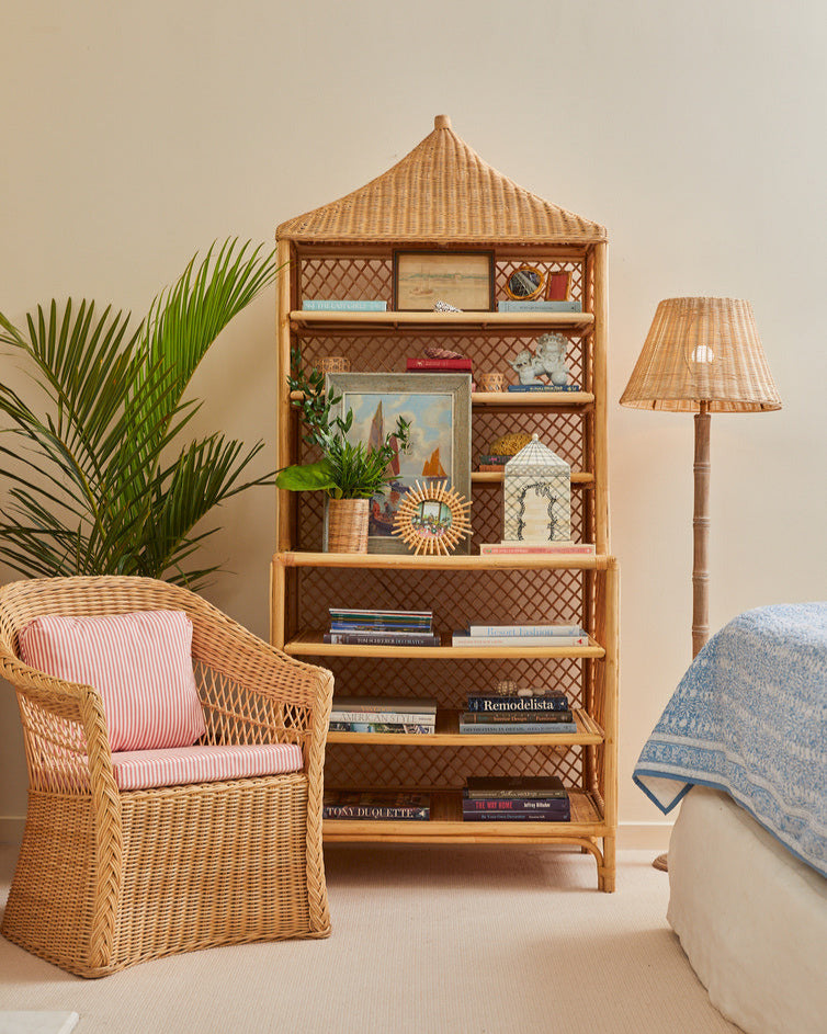Brighton Rattan Etagere styled with rattan chair