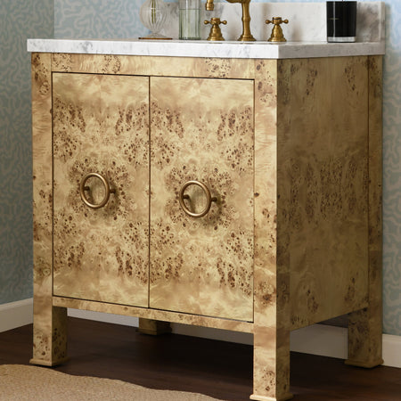 Brooklyn Burl Wood Marble Top Vanity styled in blue bathroom