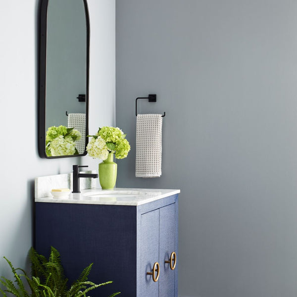 Brooklyn Lacquered Linen Navy Vanity in blue bathroom