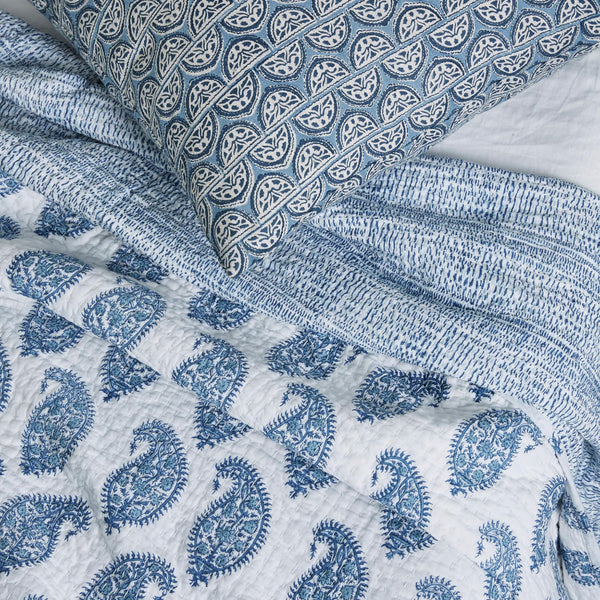 Burano Azure Pillow Cover Styled with Paisley Quilt - Walter G Block Prints