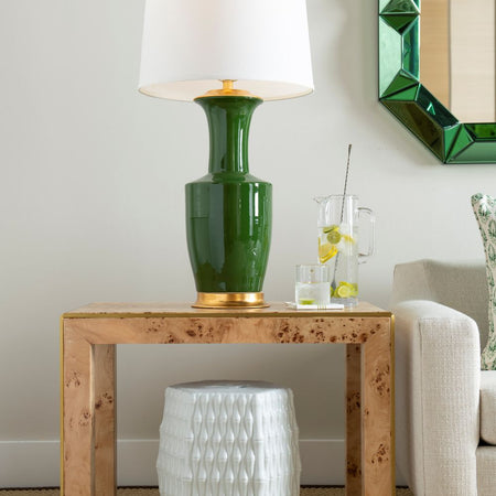Burma White Garden Stool styled under burl side table