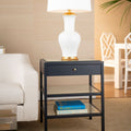 Andrea MidnightBlue Cane Side Table Styled with White Madeline Ceramic Lamp
