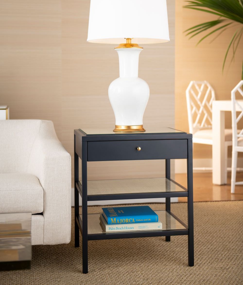 Andrea MidnightBlue Cane Side Table Styled with White Madeline Ceramic Lamp