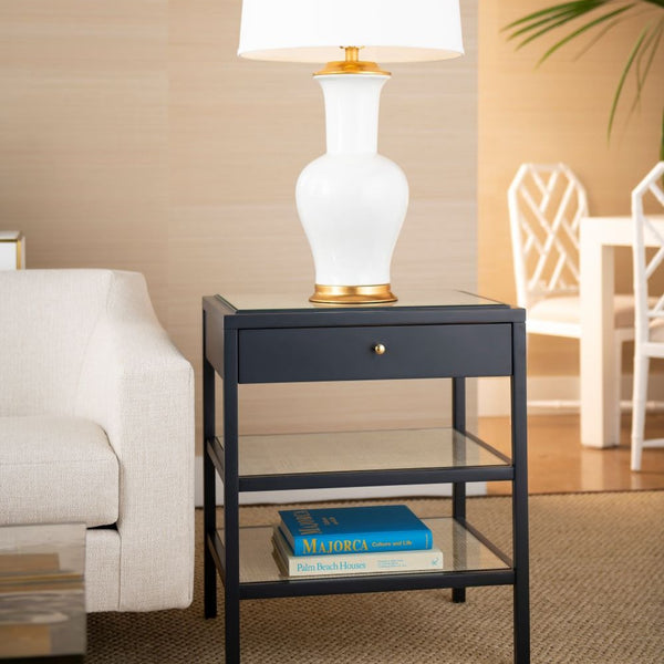 Andrea MidnightBlue Cane Side Table Styled with White Madeline Ceramic Lamp