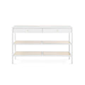 White console table with two drawers and two open shelves on a white background