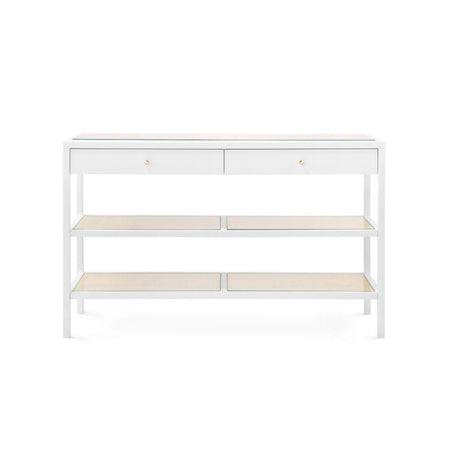 White console table with two drawers and two open shelves on a white background