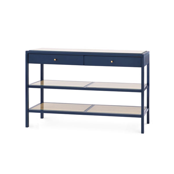 Andrea Midnight Console Table with woven cane shelves