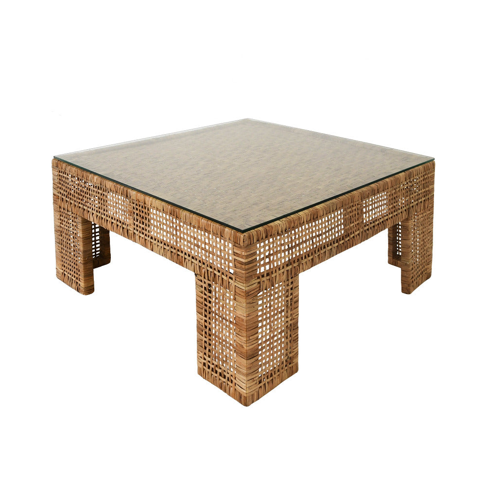 Chapin Square Rattan Coffee Table with glass top