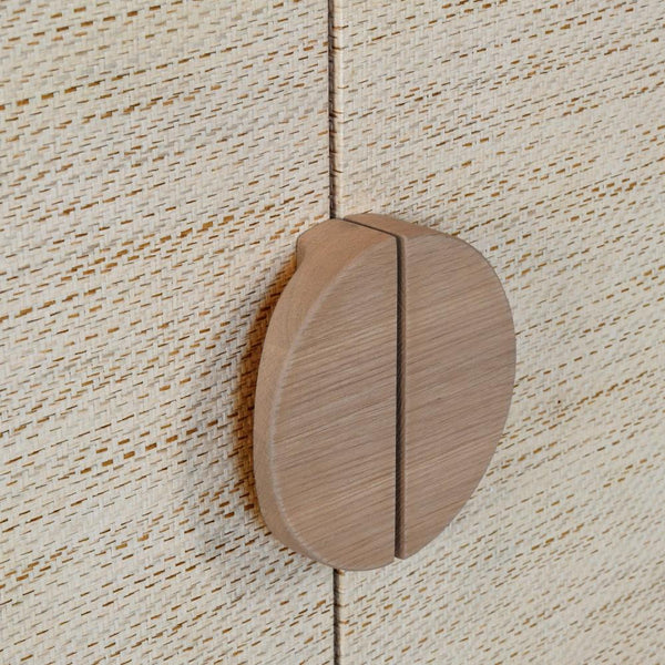 Calum Natural Grasscloth Buffet Round Cerused Oak door pulls
