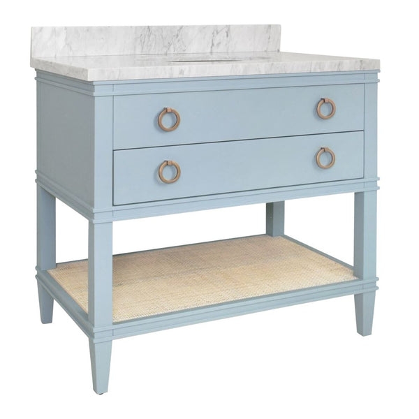 Cogswell Light Blue Matte Lacquer Vanity with white marble top