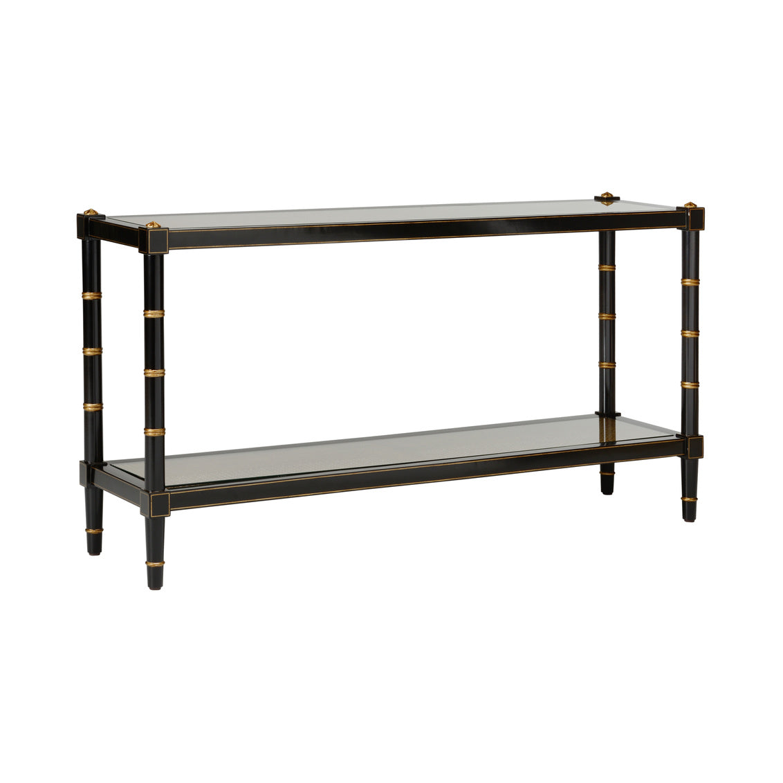 Cabana Woven Cane Console Table - black and gold finish - glass tops