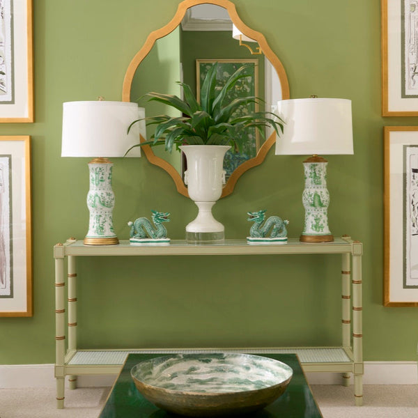 Celery Green Cabana Cane Console Table Styled in green room