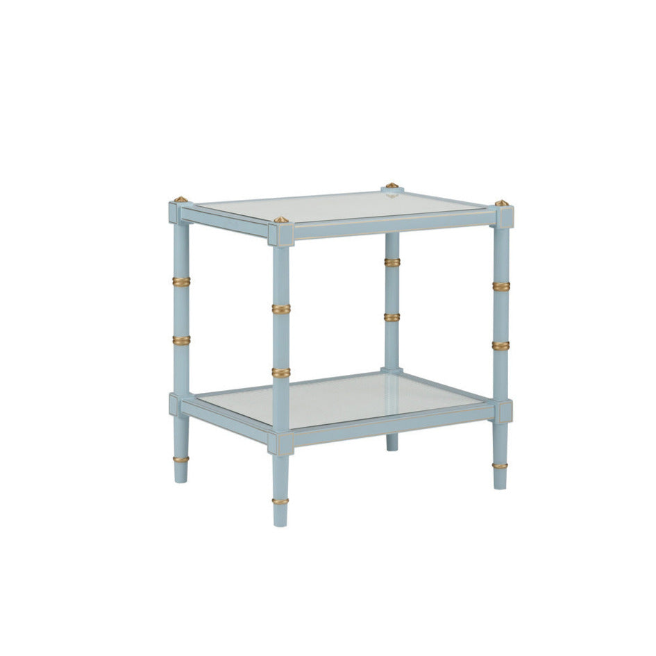 Cabana Light Blue Cane Side Table with Gold Accents