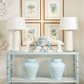 Cabana Pale Blue Console Table styled with white lamps