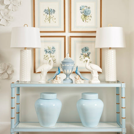 Cabana Pale Blue Console Table styled with white lamps