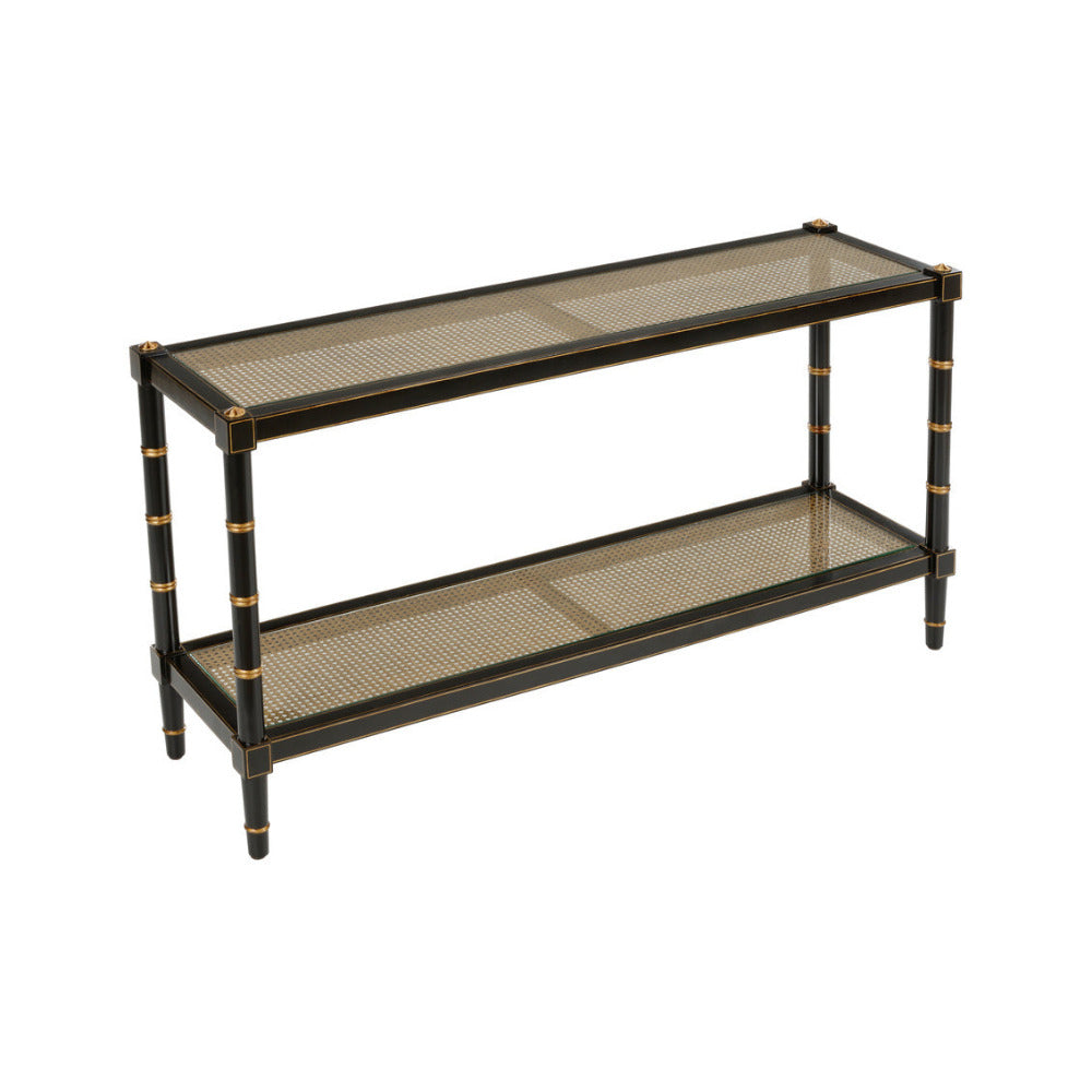 Cabana Woven Cane Console Table - black and gold finish