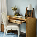 Calais Woven Rattan Desk styled in blue room