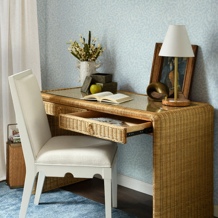 Calais Woven Rattan Desk styled in blue room