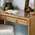 Calais Woven Rattan Wicker Desk with glass top styled in blue room