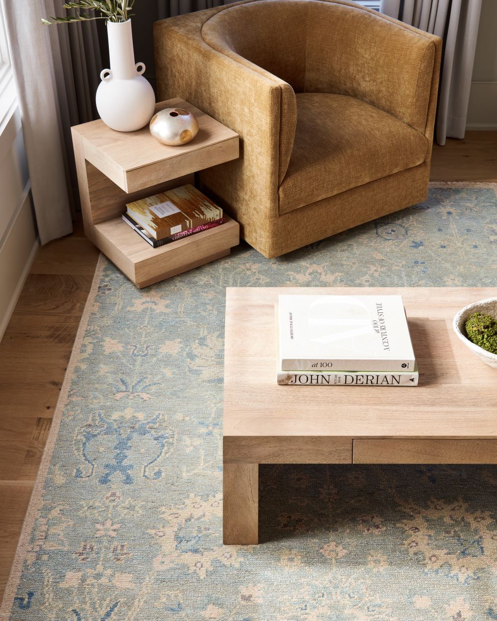 Camille Wool Rug styled in living room