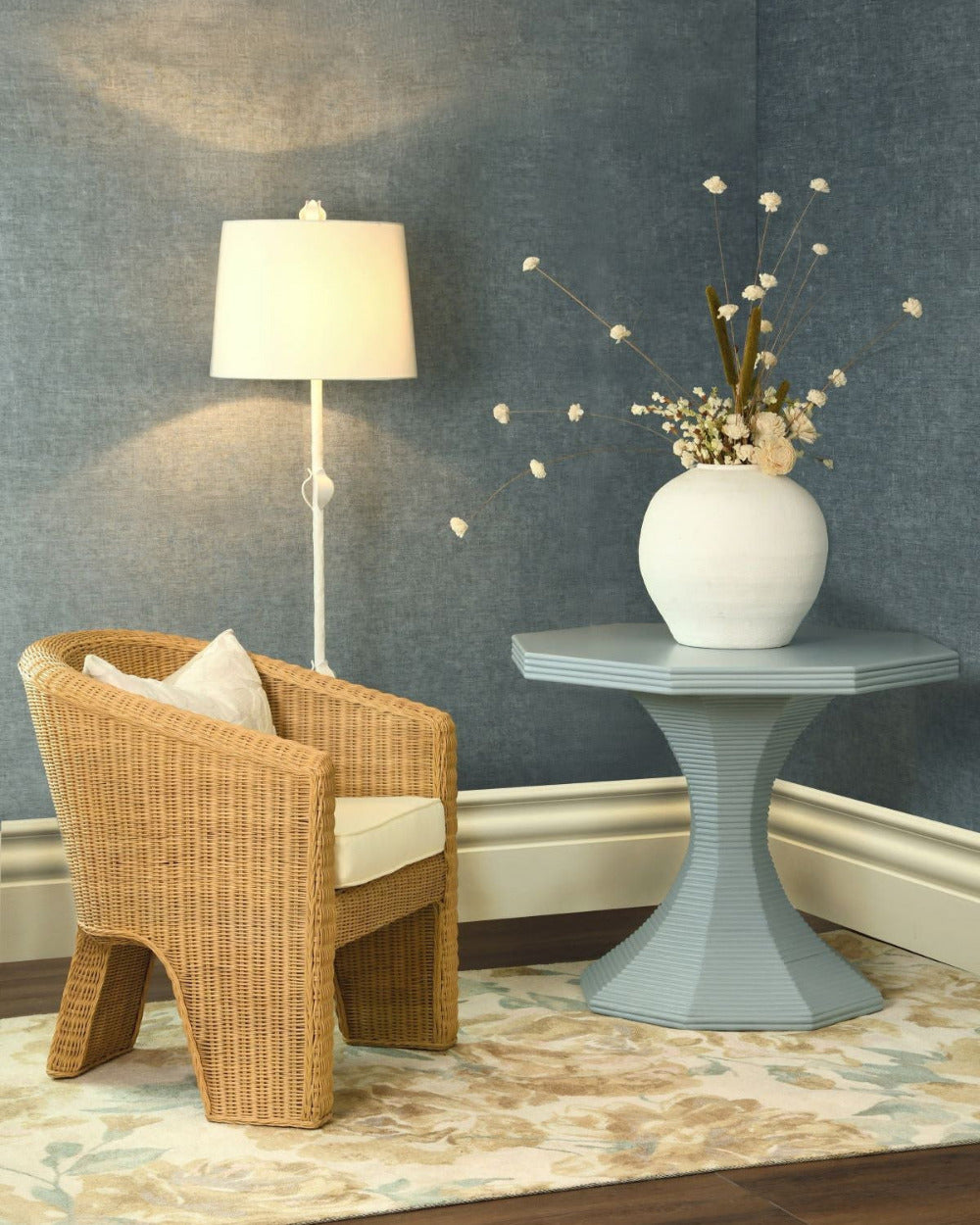 Cape Large Light Blue Table styled with Gianna Woven Rattan Chair