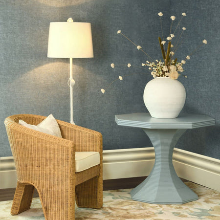 Cape Large Light Blue Table styled with Gianna Woven Rattan Chair