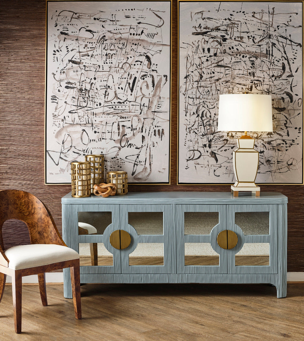 Cape Light Blue Reeded Rattan Buffet styled in moody dining room