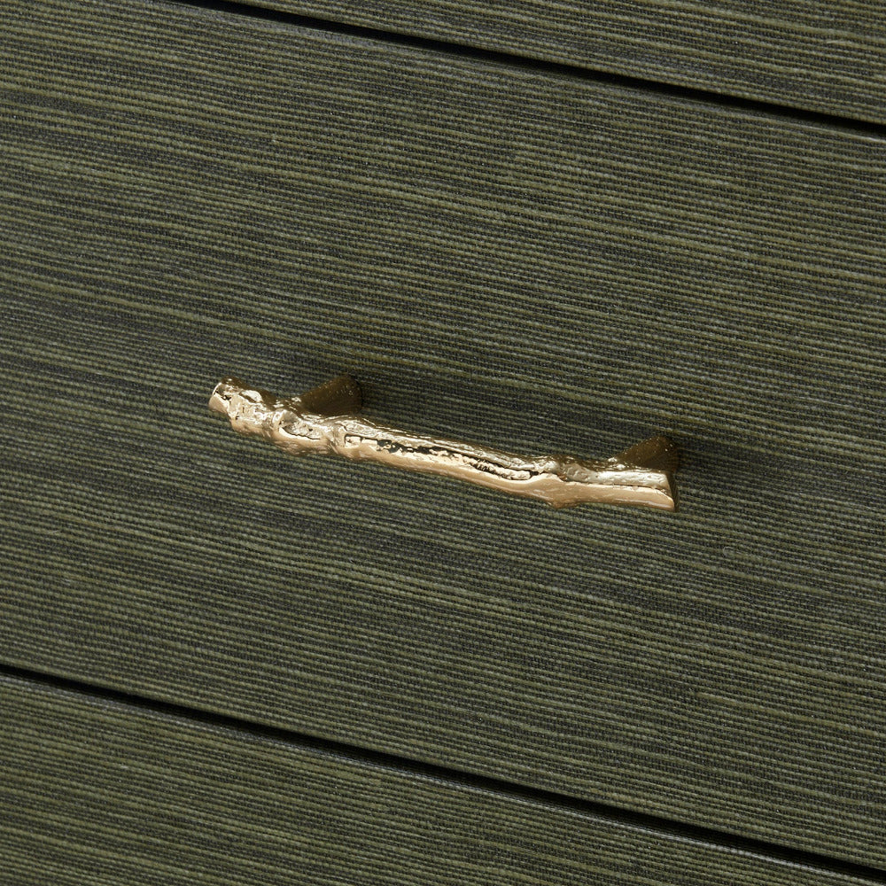 Cardiff Deep Olive Grasscloth Chest brass twig drawer pull