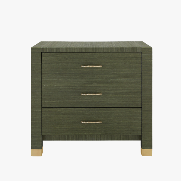 Cardiff Deep Olive Green Grasscloth Three Drawer Nightstand