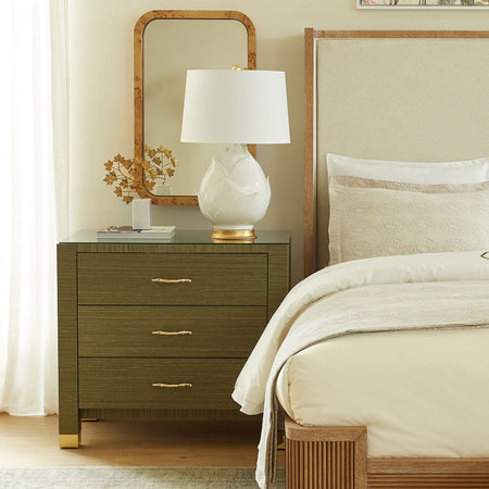 Cardiff Deep Olive Grasscloth Nightstand styled in bedroom