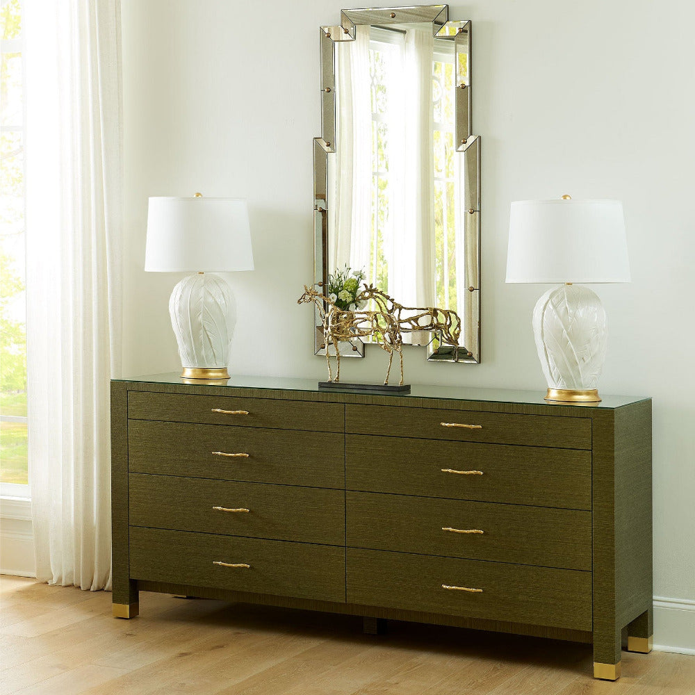 Cardiff Deep Olive Green Grasscloth Double Dresser with white tobacco leaf lamps
