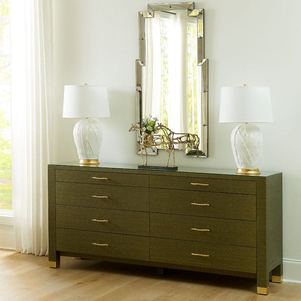 Cardiff Deep Olive Green Grasscloth Double Dresser with white tobacco leaf lamps