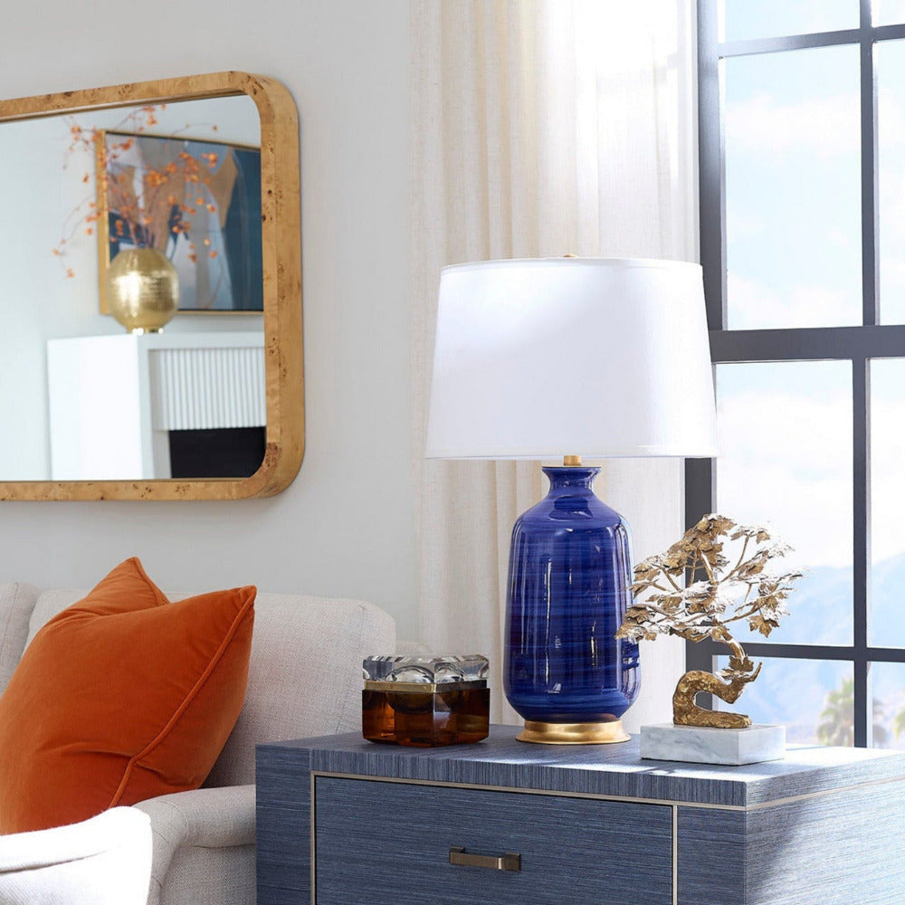 Carolyn Lapis Ceramic Lamp Styled in living room window