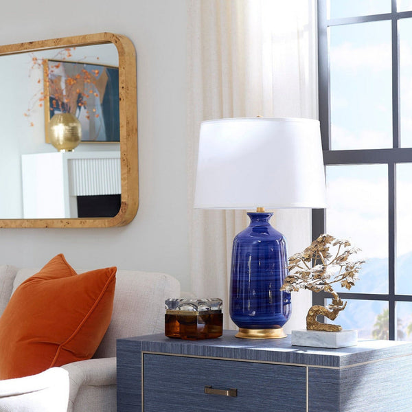 Carolyn Lapis Ceramic Lamp Styled in living room window