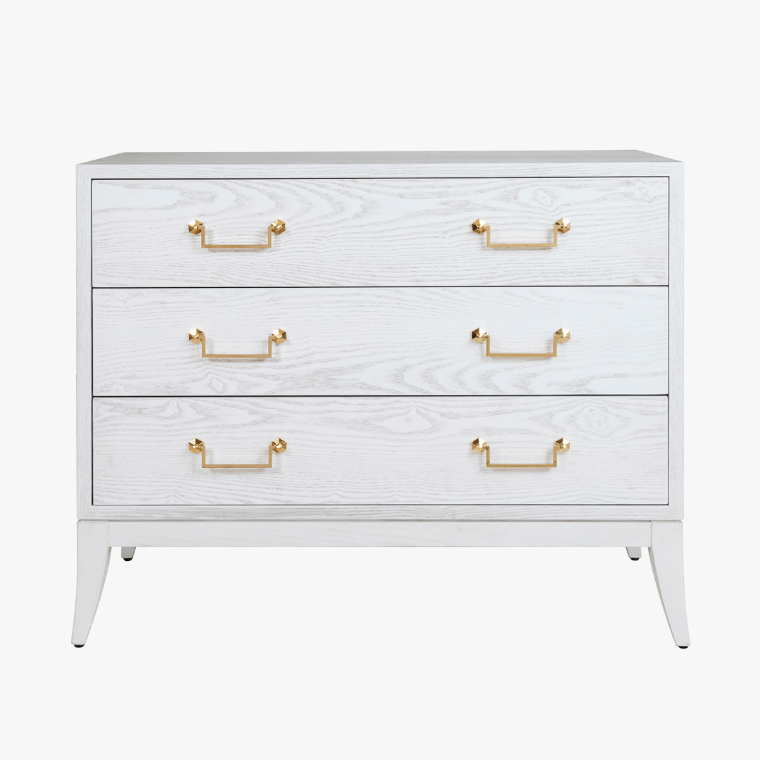 Cassie White Chest - three drawer whitewash dresser with brass handles