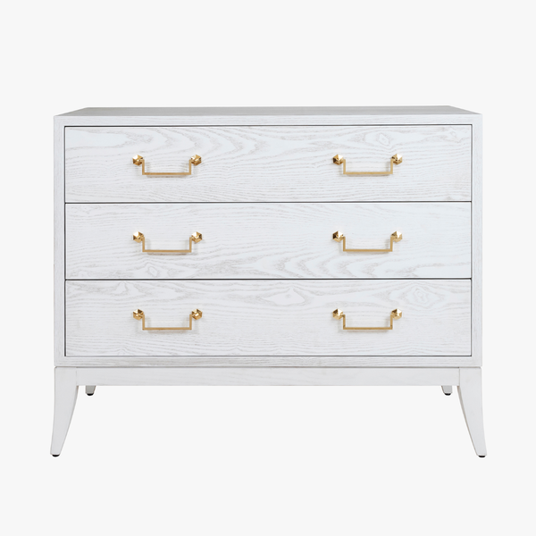Cassie White Chest - three drawer whitewash dresser with brass handles