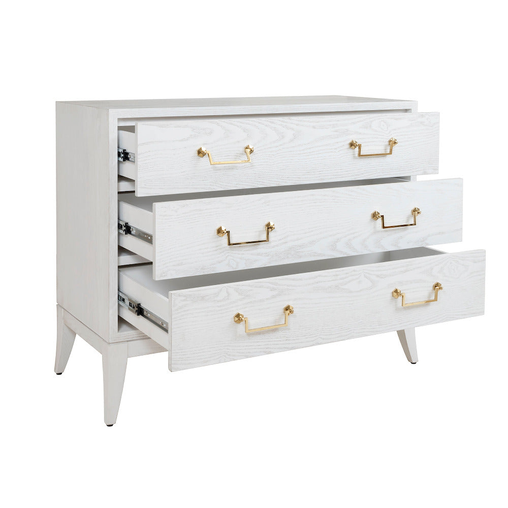 Cassie White Wash Three Drawer Chest with open drawers