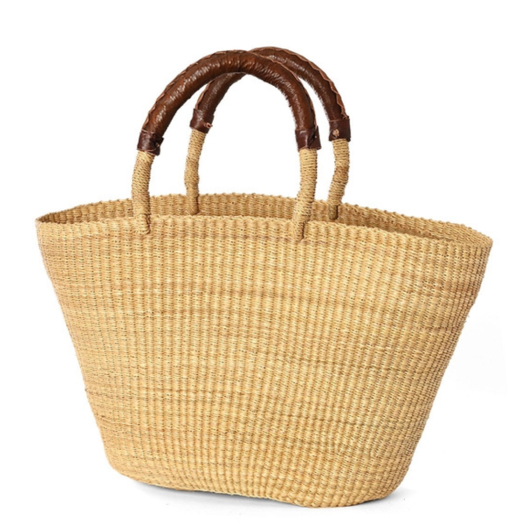 Cassis Natural Straw Market Tote - Leather Handles