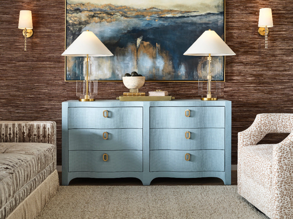 Castella Light Blue Textured Linen Dresser in living room