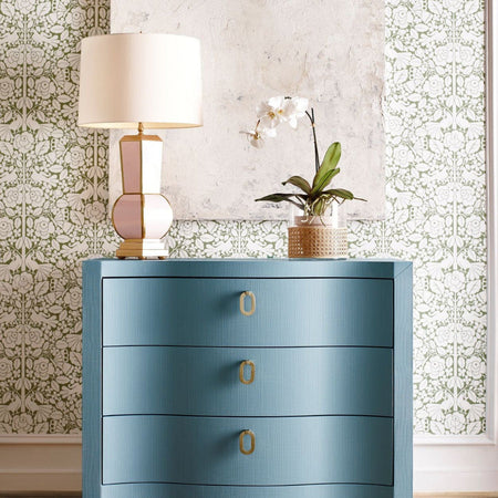 Castella Light Blue Three Drawer Chest styled with pink lamp