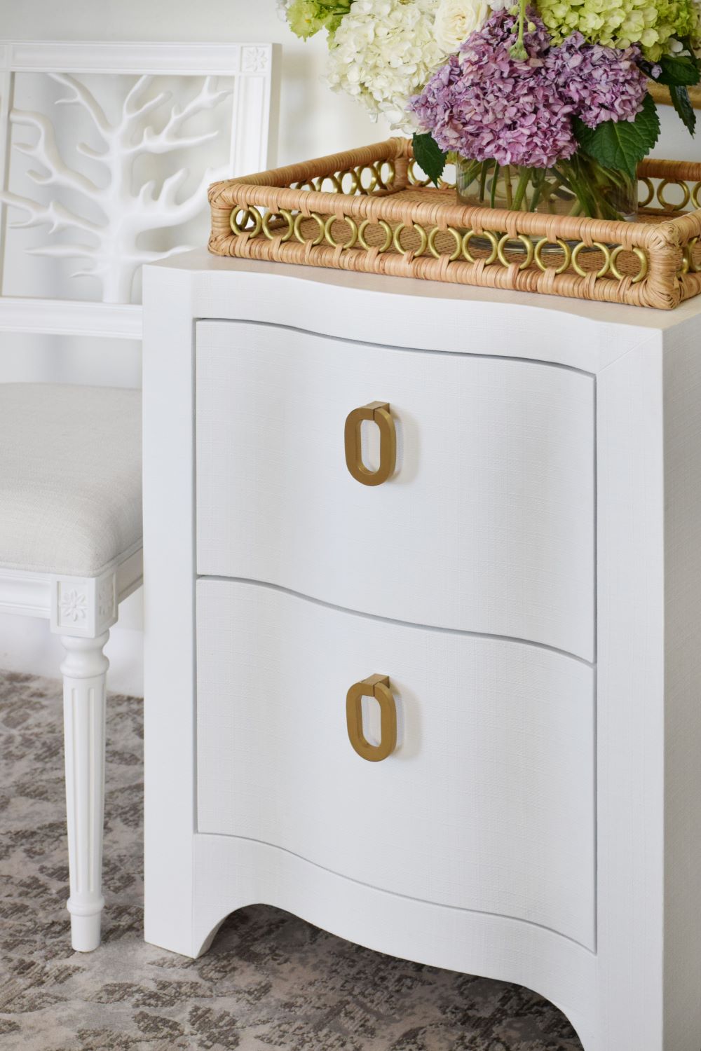 Castella White Side Table with tray and hydrangeas