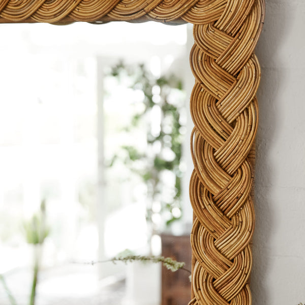 Castello Rectangular Braided Rattan Wall Mirror corner closeup